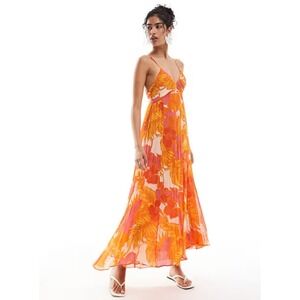 MANGO MNG‎ Orange Pink Pleated Ruffled Midi Floral Printed Textured Dress Sz XS